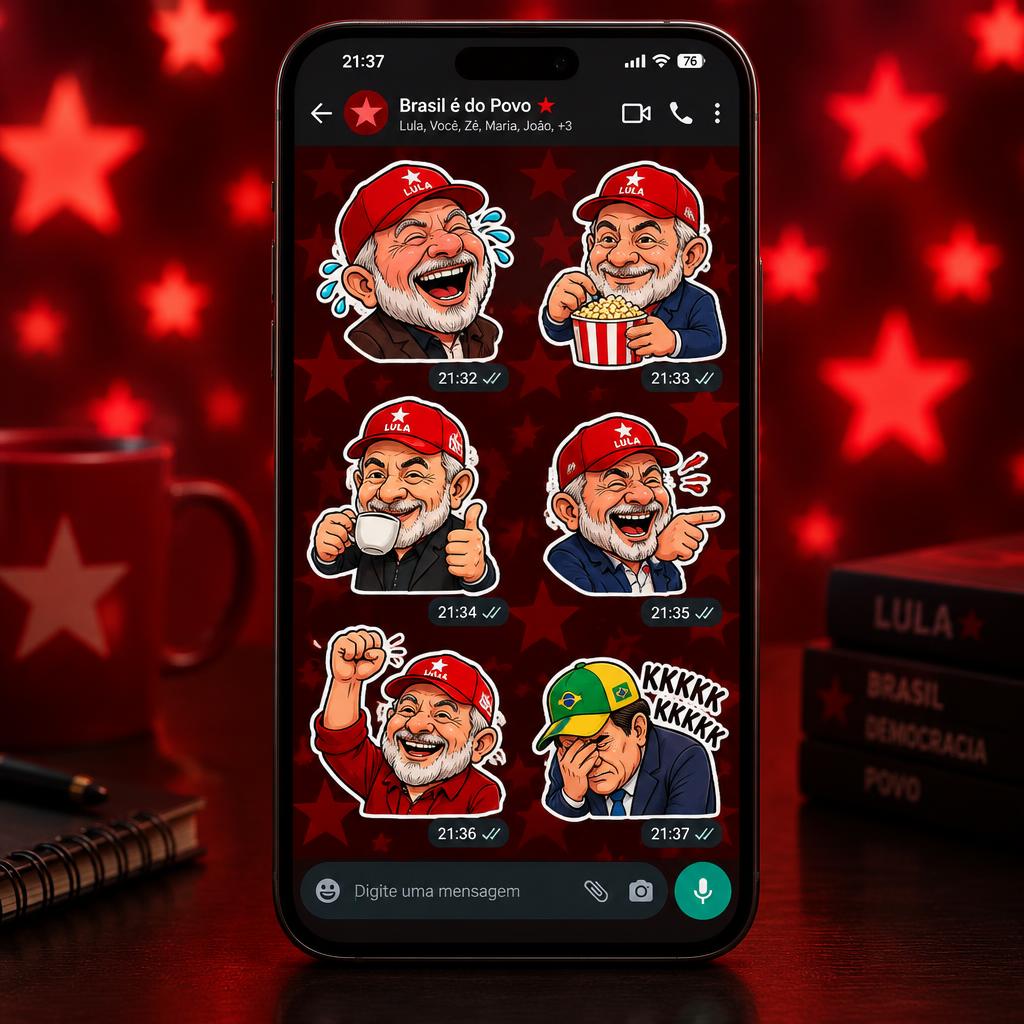 Celular com figurinhas de meme do Lula no grupo do WhatsApp